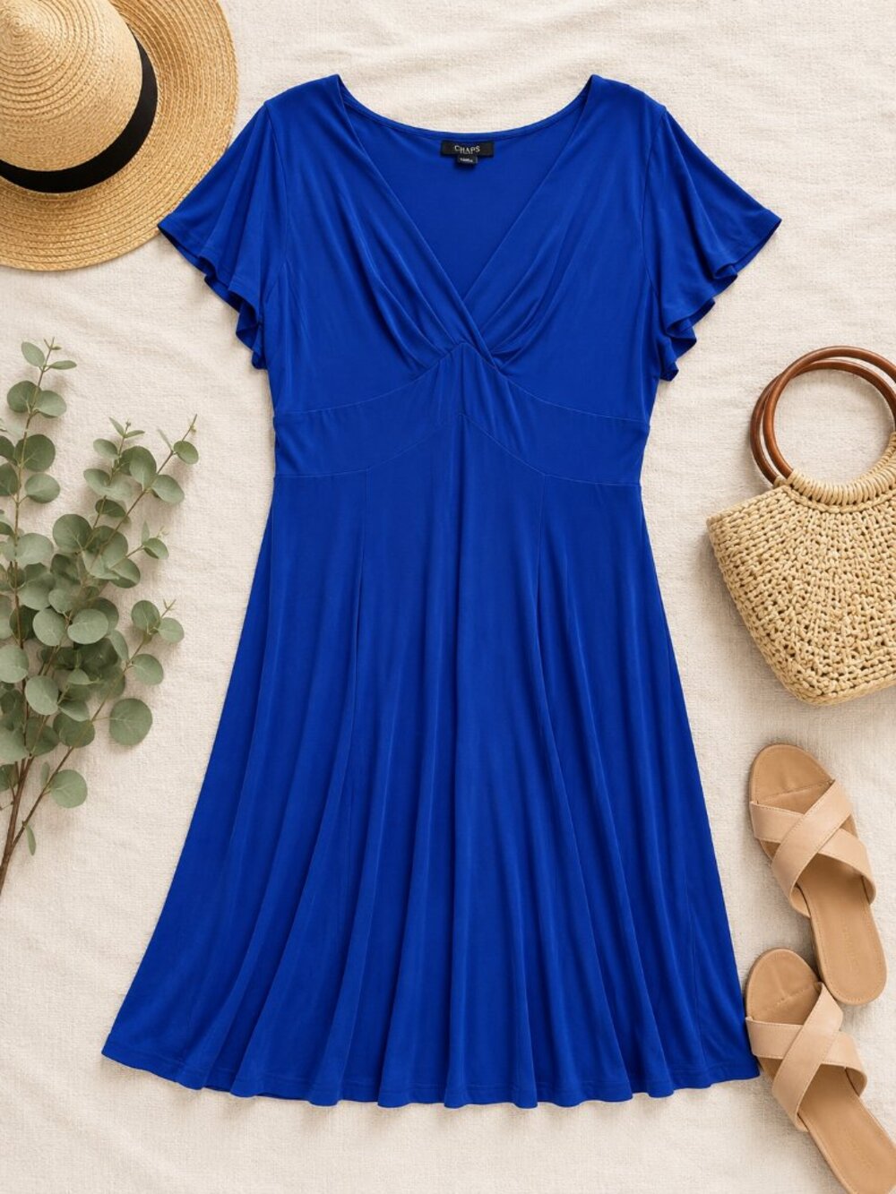 Chaps Royal Blue Flutter Sleeve Fit & Flare Dress Size L